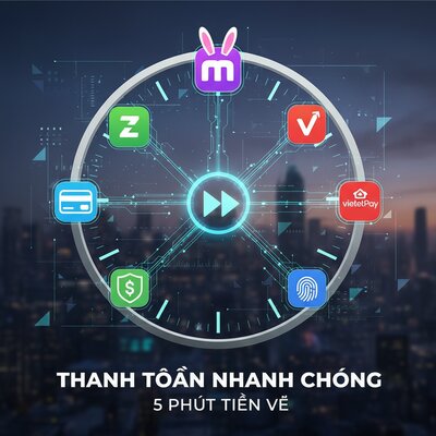 Đồng hồ hiển thị 5 phút với biểu tượng các phương thức thanh toán Việt Nam