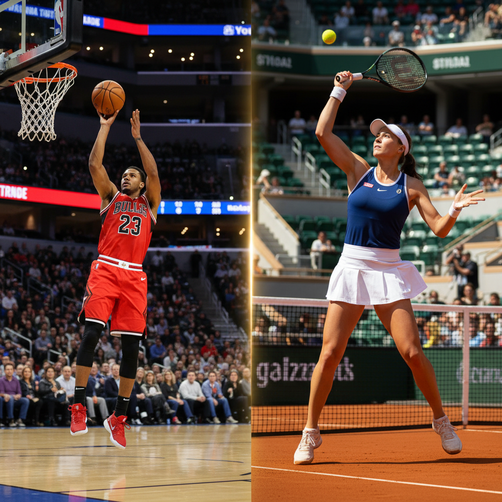Split screen hiển thị trận NBA và tennis match cùng lúc