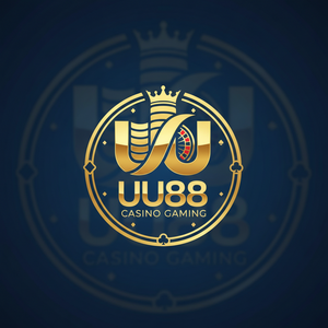 Logo UU88 3D với hiệu ứng ánh sáng vàng kim, phông nền casino sang trọng